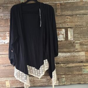 Discreet Black and Cream Cardigan with Lace Trim, Size 2X, NWT